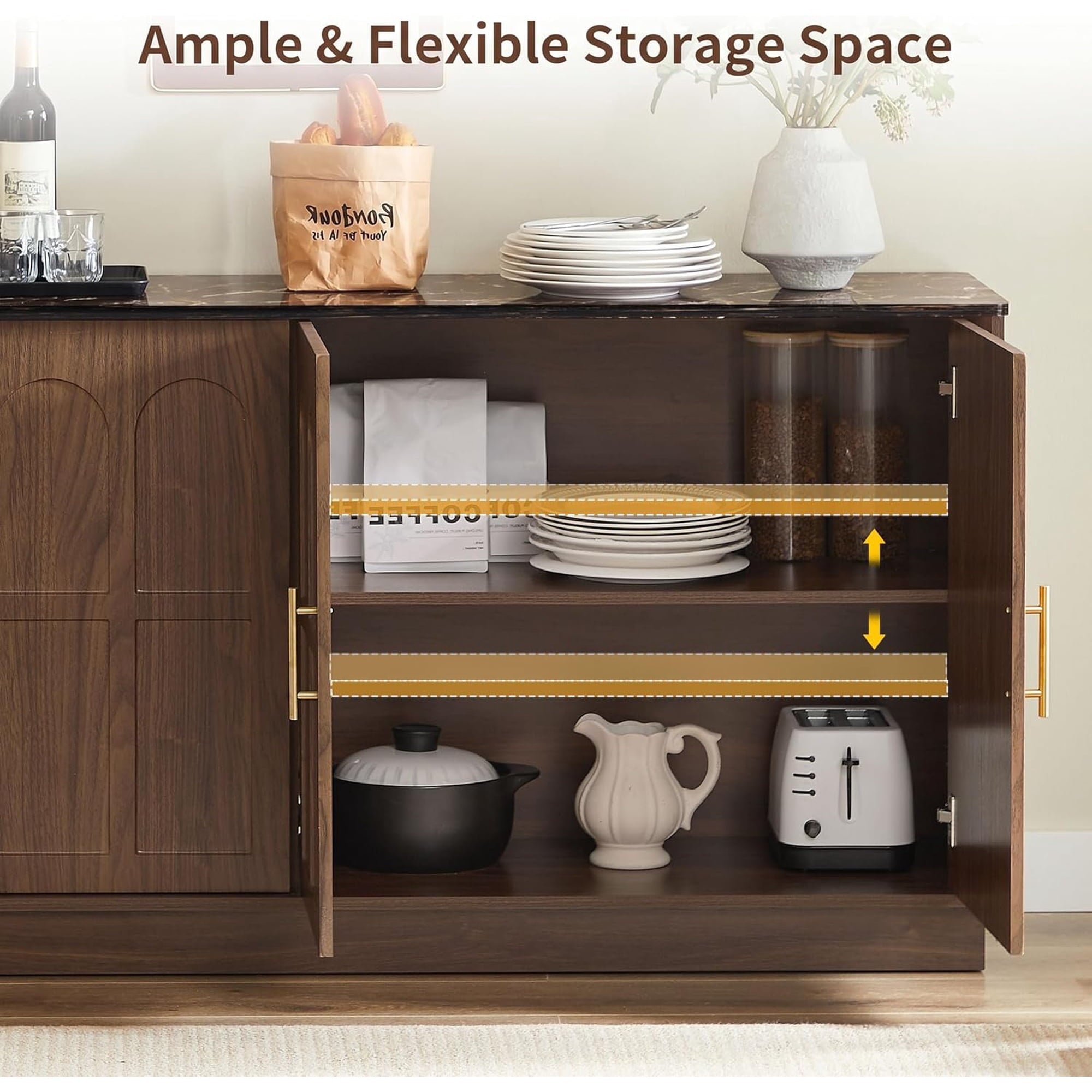 66.5" Sideboard Buffet Cabinet with Storage, Modern Credenza with Arched Doors, Wood Accent Cabinet for Living Room, Entryway, Dining Room Storage