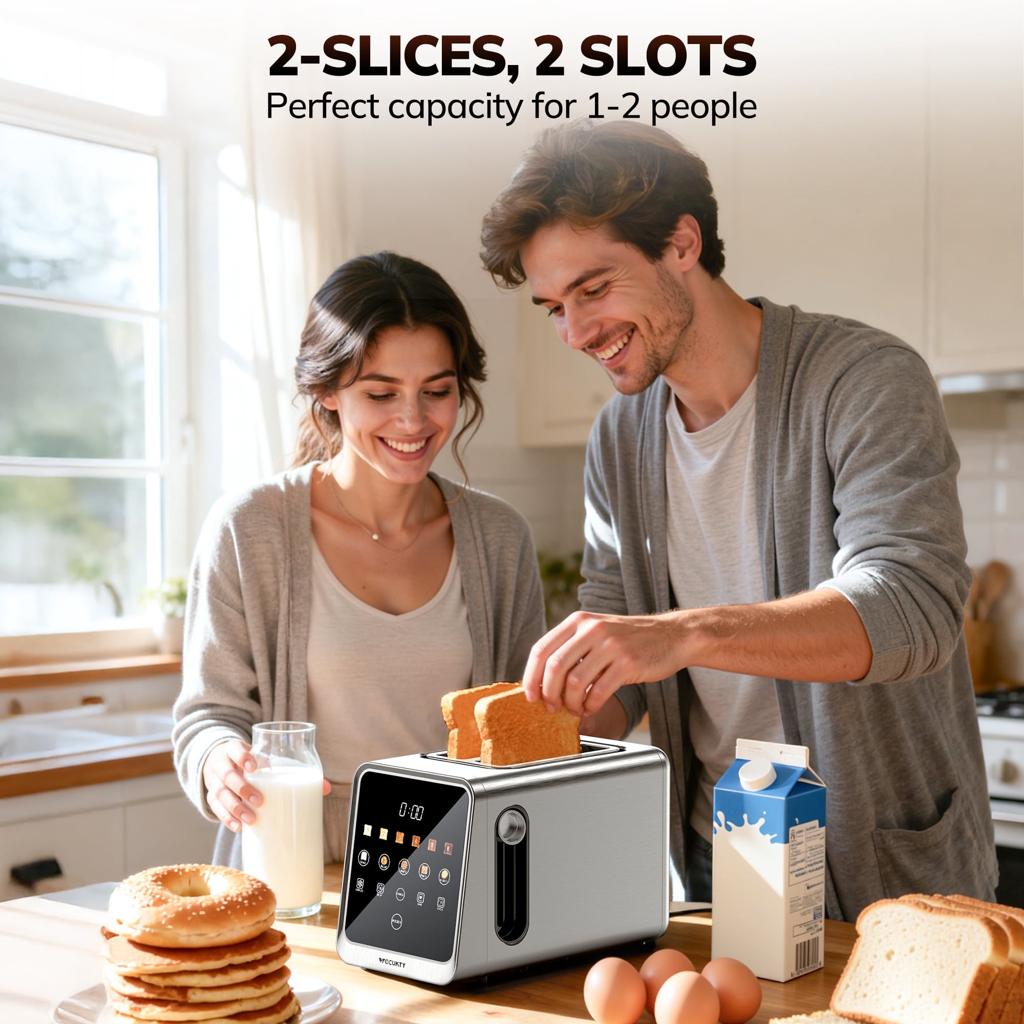 Digital 2 Slice Toaster, Dual Control Panel Smart Toaster with TouchScreen, Single Slot Toasting, Reheat & Defrost for Bagels, Bread, Waffles