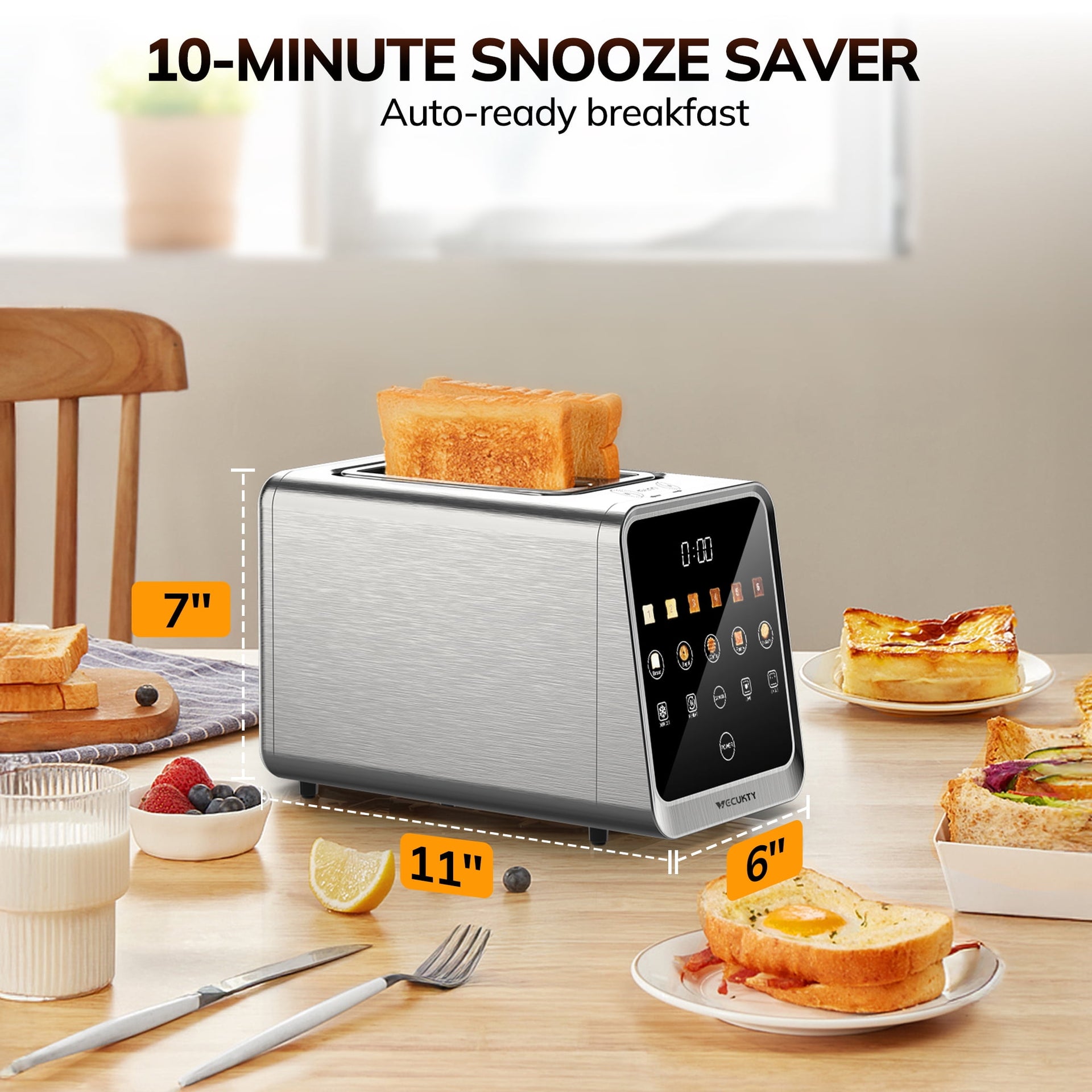 Digital 2 Slice Toaster, Dual Control Panel Smart Toaster with TouchScreen, Single Slot Toasting, Reheat & Defrost for Bagels, Bread, Waffles