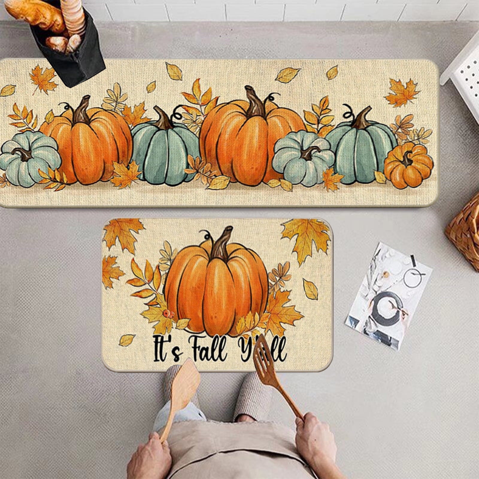 Hello Pumpkin Thankful Fall Kitchen Mats Set of 2,Thanksgiving Decorative Kitchen Rugs Seasonal Autumn Home Decor Low-Profile Kitchen Rugs for Floor - 15.7x23.6 and 15x47 Inch